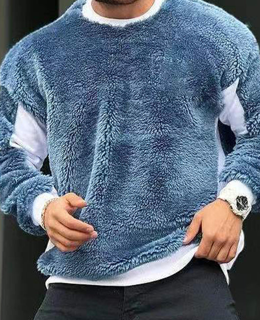 Casual Crew Neck Contrast Side Seam Teddy Pullover
